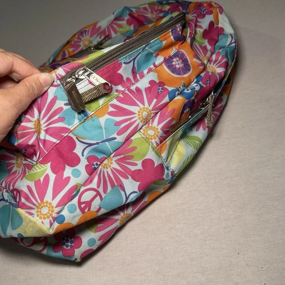 L.L.Bean multicolor floral backpack, vibrant retro flower, silver reflective
